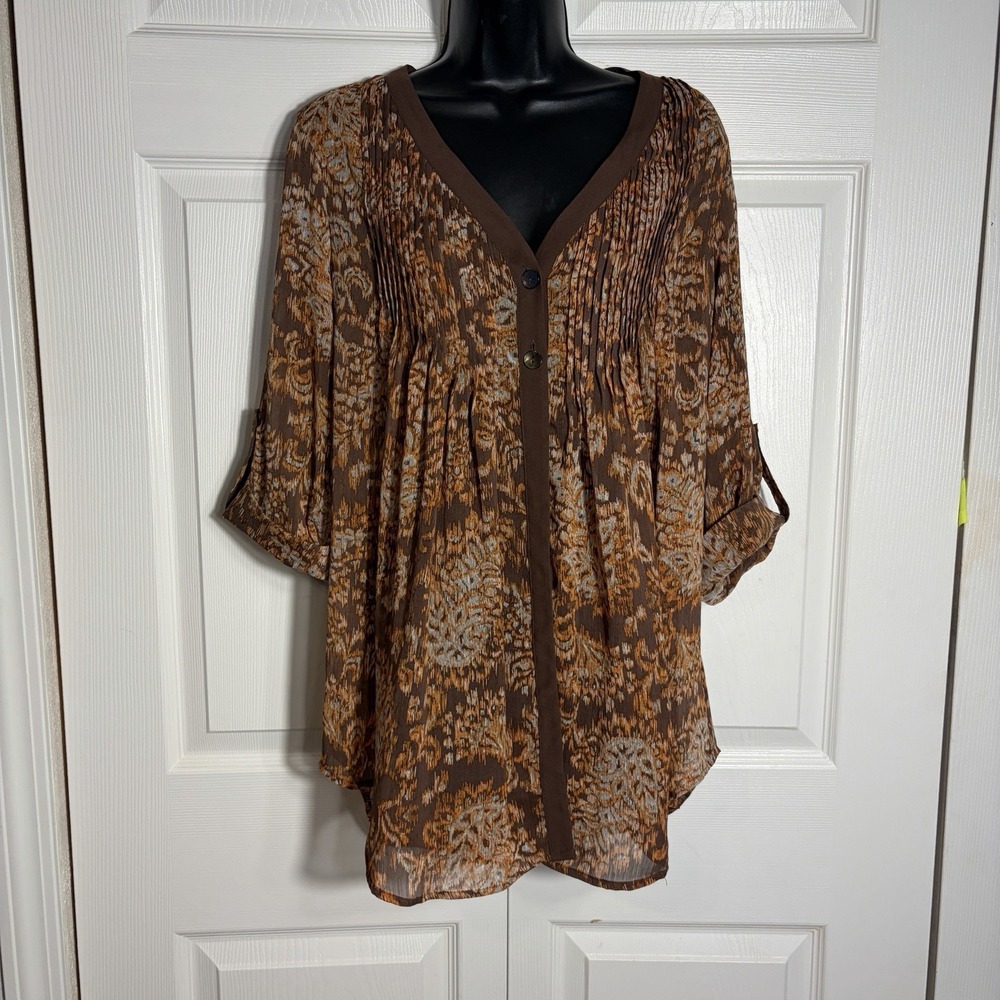 Coldwater Creek Sheer Boho Tunic Blouse Women M 10/12 Brown Orange Button Up Top